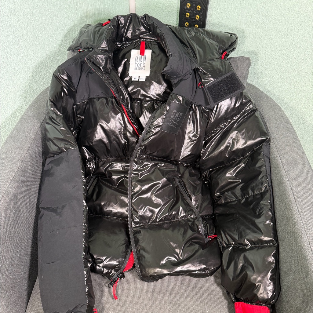 Topo Designs Glossy Black Puffer Jacket With Red Details